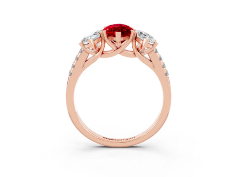 Rose gold Three-Stone Marquise Cut Ruby Ring with Pavé Band and Prong Setting_15