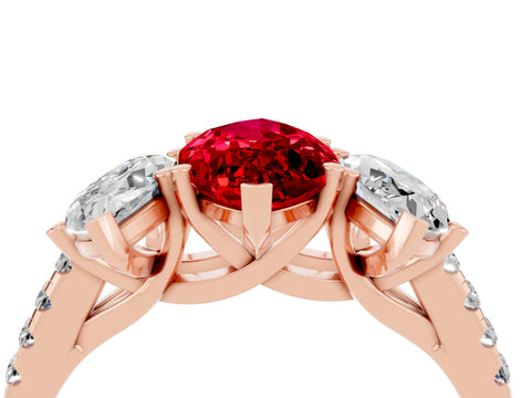 Rose gold Three-Stone Marquise Cut Ruby Ring with Pavé Band and Prong Setting_16