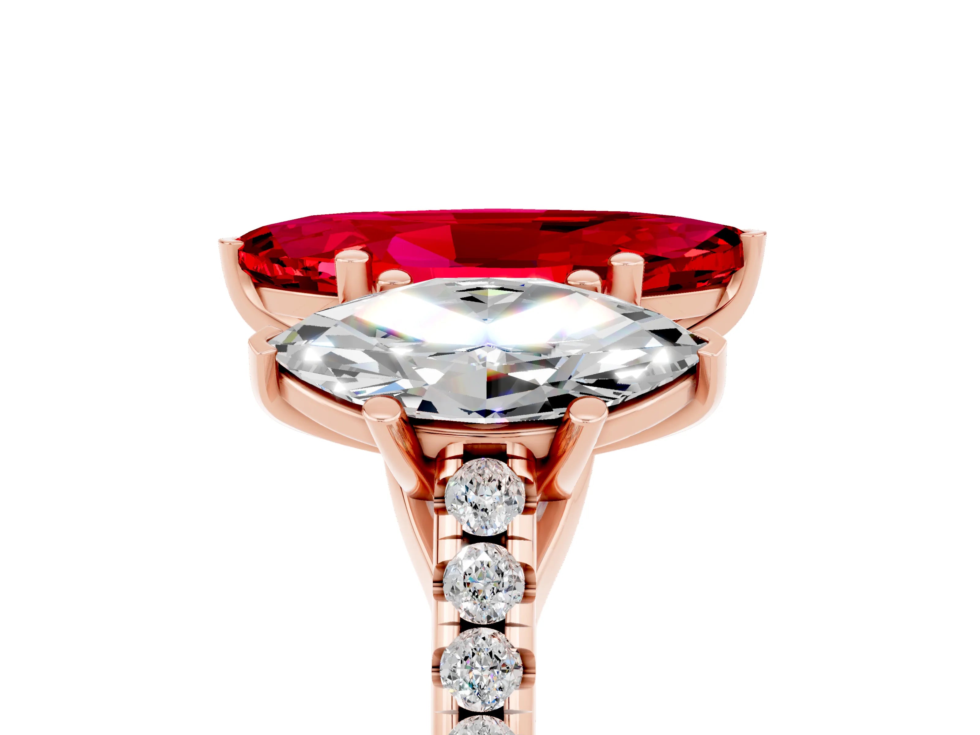Rose gold Three-Stone Marquise Cut Ruby Ring with Pavé Band and Prong Setting_17