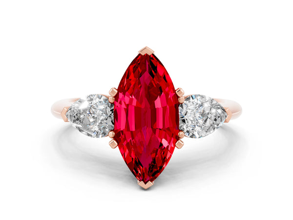 Rose gold Three-Stone Marquise Cut Ruby Ring with Pear Side Stones and Four-Prong Setting