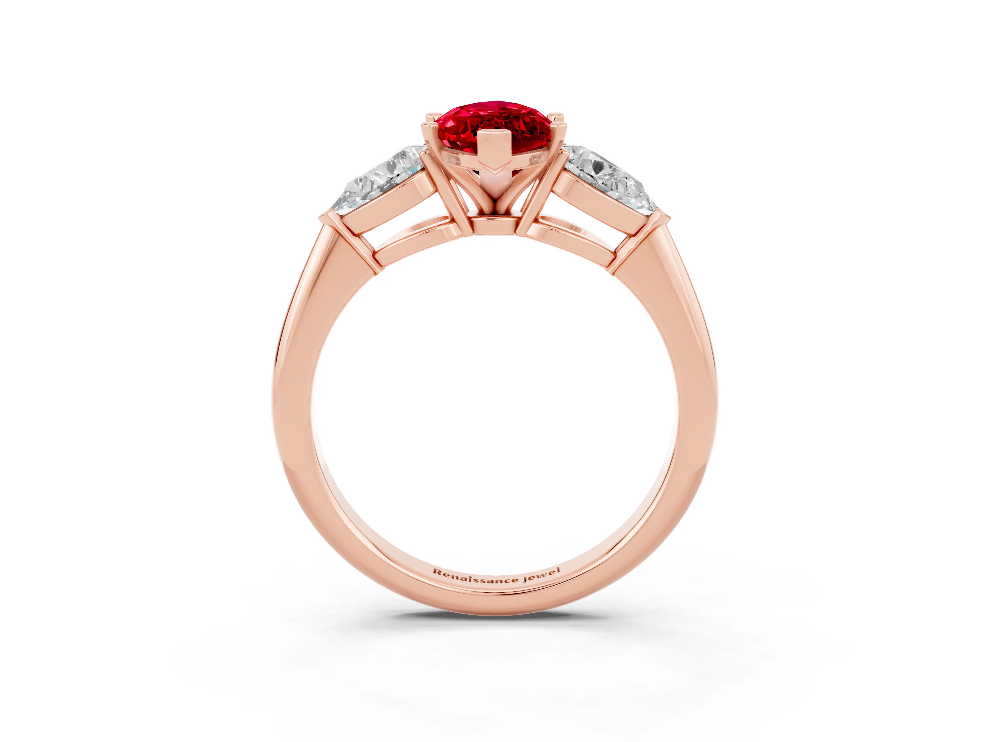 Rose gold Three-Stone Marquise Cut Ruby Ring with Pear Side Stones and Four-Prong Setting_3
