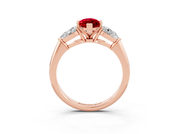 Rose gold Three-Stone Marquise Cut Ruby Ring with Pear Side Stones and Four-Prong Setting