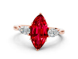 Rose gold Three-Stone Marquise Cut Ruby Ring with Pear  Side Stones in Four-Prong Setting_12