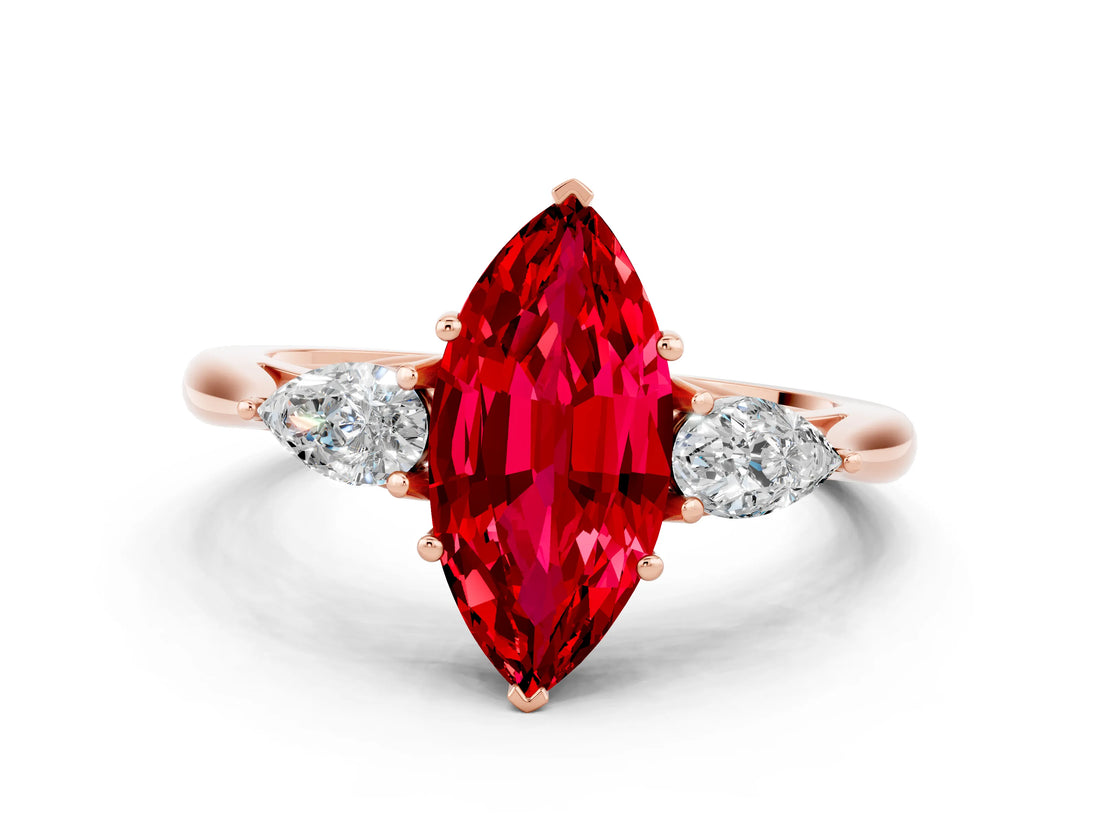 Rose gold Three-Stone Marquise Cut Ruby Ring with Pear  Side Stones in Four-Prong Setting_36