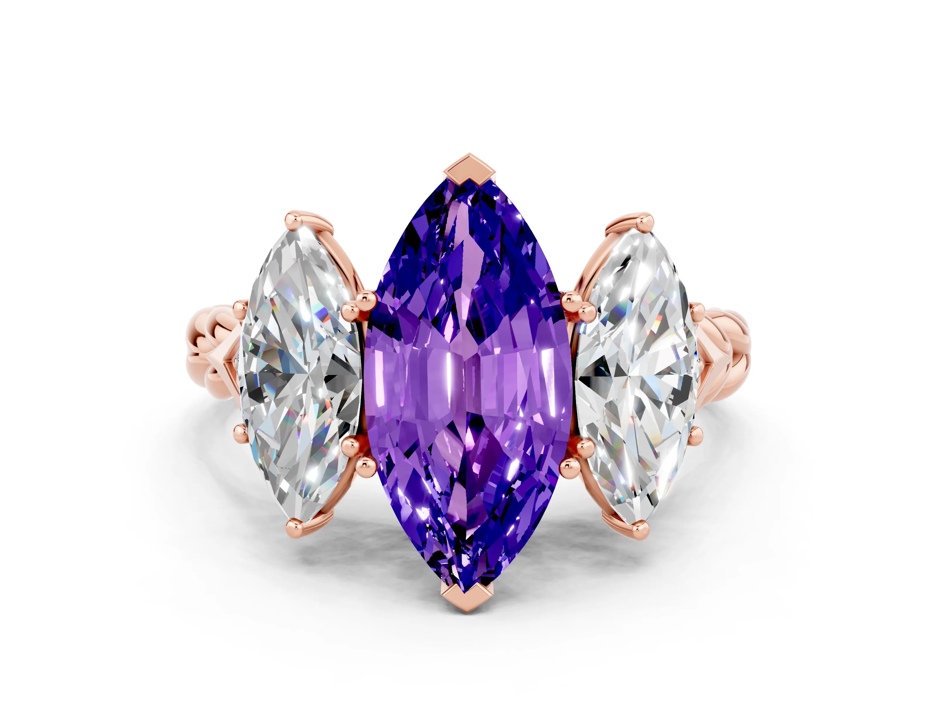 Rose gold Three-Stone Marquise Cut Tanzanite Braided Band Ring with Four-Prong Setting_12
