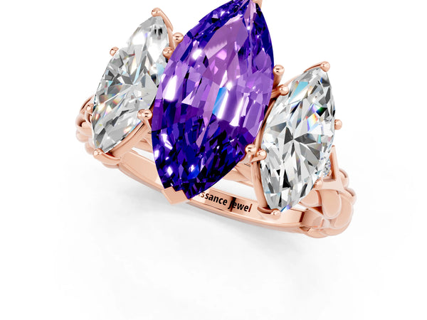 Rose gold Three-Stone Marquise Cut Tanzanite Braided Band Ring with Four-Prong Setting