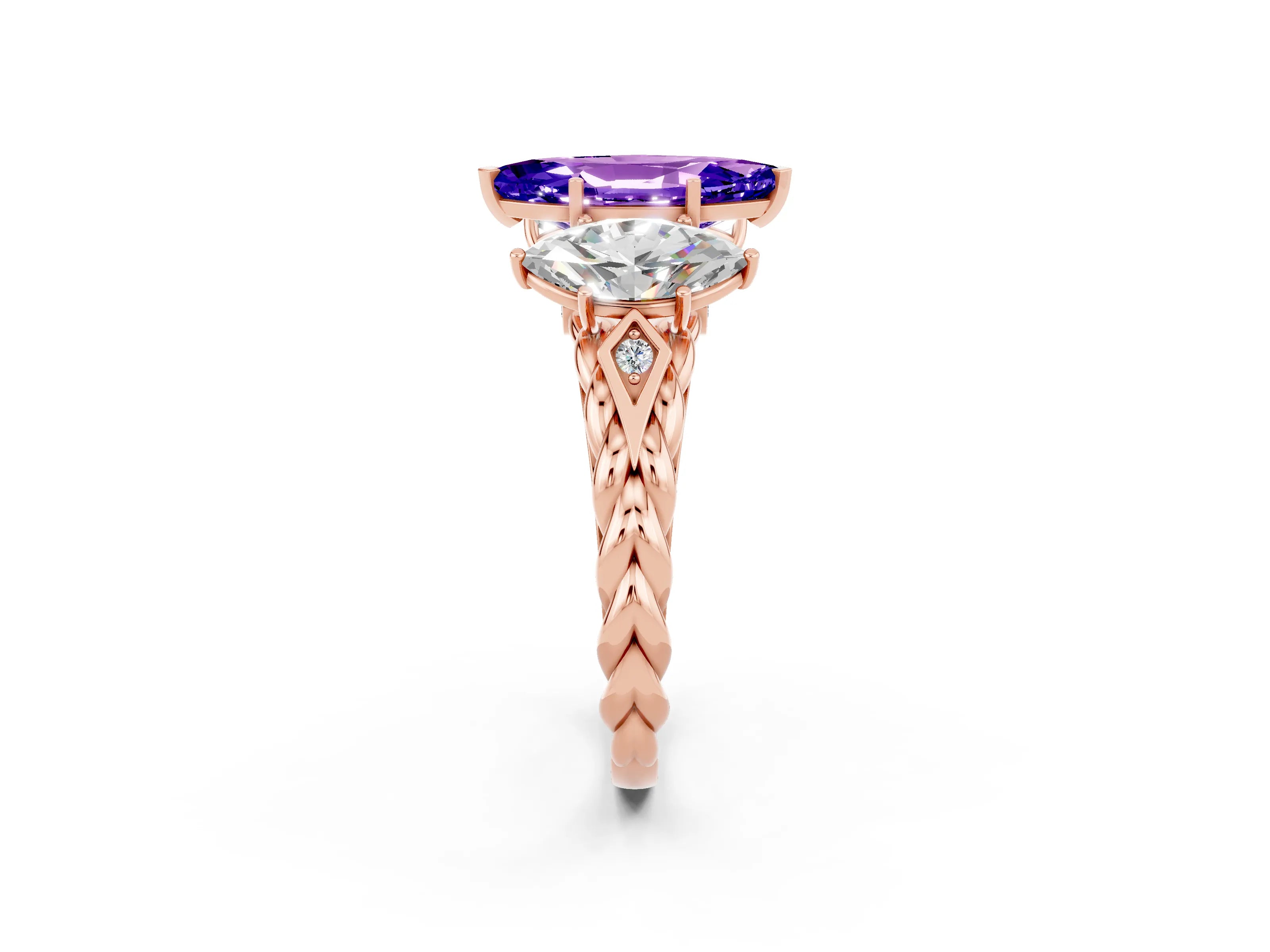 Rose gold Three-Stone Marquise Cut Tanzanite Braided Band Ring with Four-Prong Setting_14