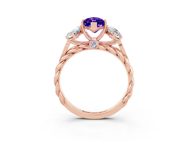 Rose gold Three-Stone Marquise Cut Tanzanite Braided Band Ring with Four-Prong Setting