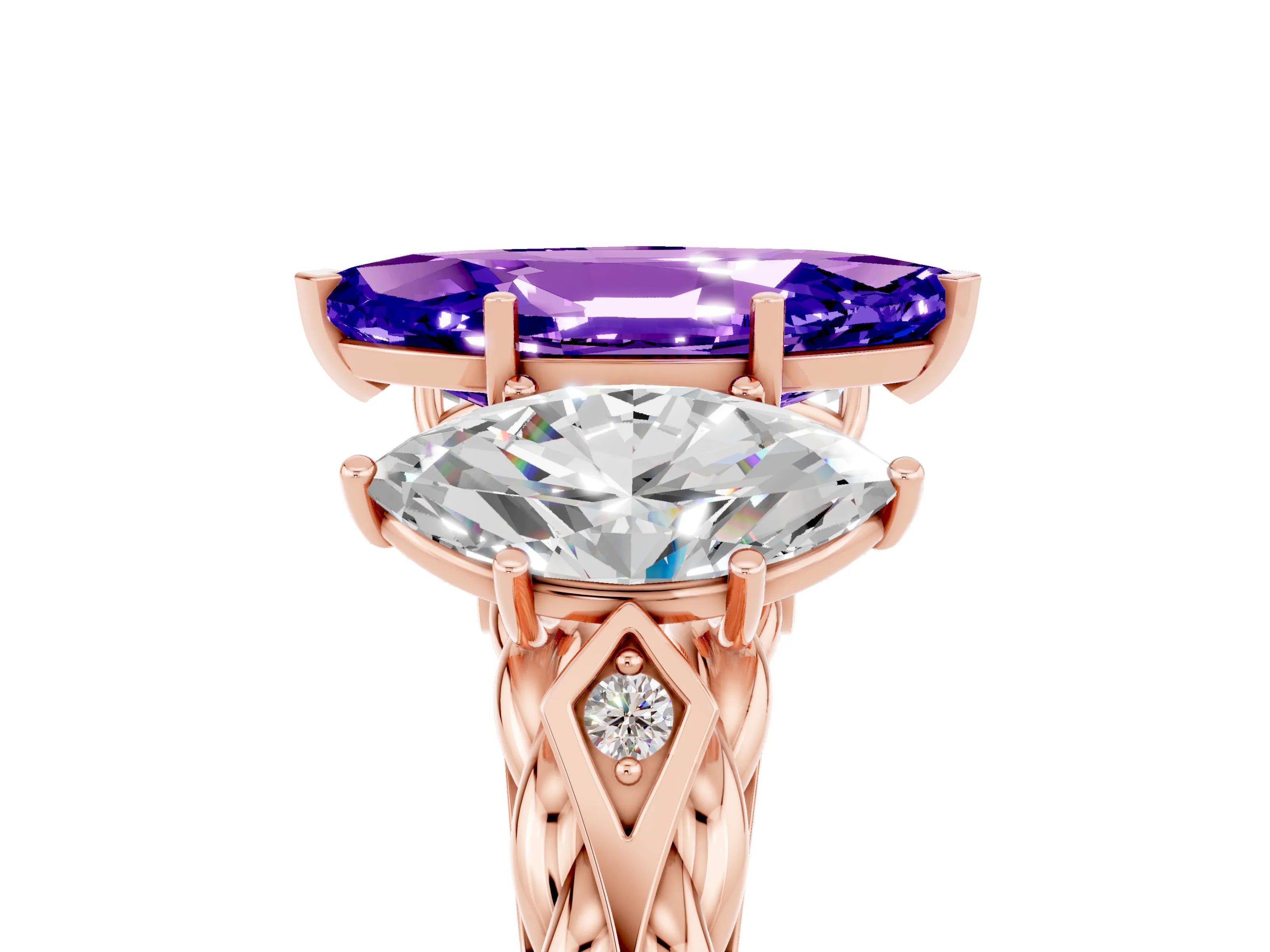 Rose gold Three-Stone Marquise Cut Tanzanite Braided Band Ring with Four-Prong Setting_17