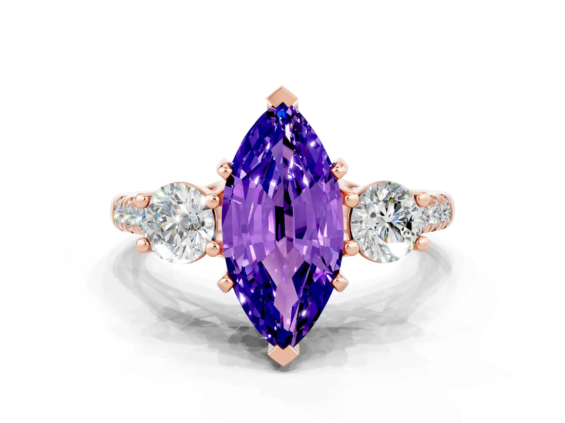 Rose gold Three-Stone Marquise Cut Tanzanite Pavé Band with Four-Prong Setting