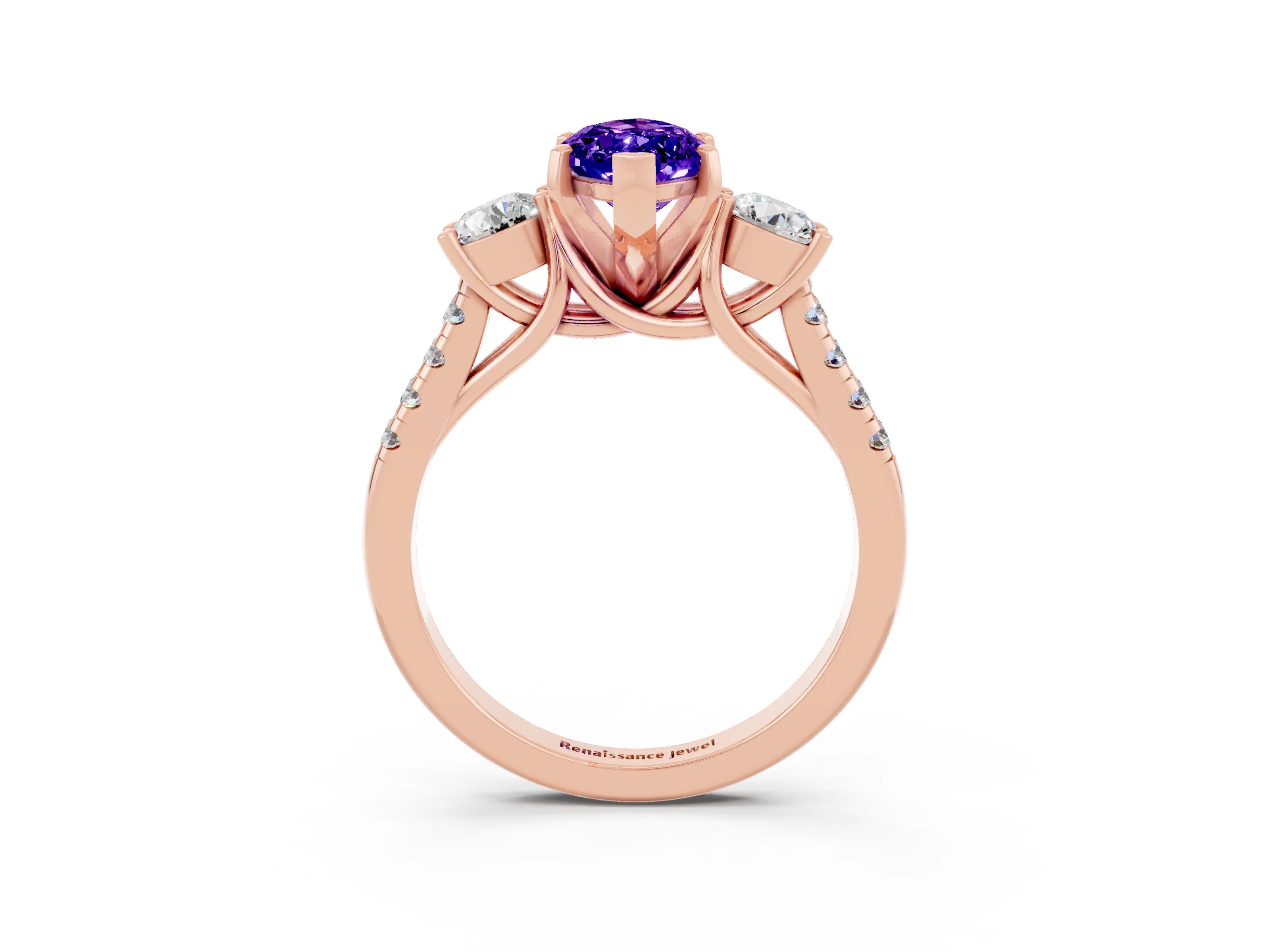 Rose gold Three-Stone Marquise Cut Tanzanite Pavé Band with Four-Prong Setting_3