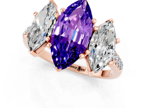Rose gold Three-Stone Marquise Cut Tanzanite Ring with Pavé Band and Prong Setting_13