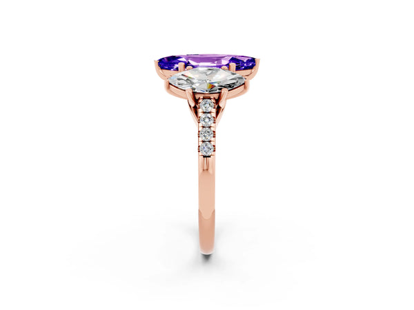 Rose gold Three-Stone Marquise Cut Tanzanite Ring with Round  Pavé Band and Prong Setting