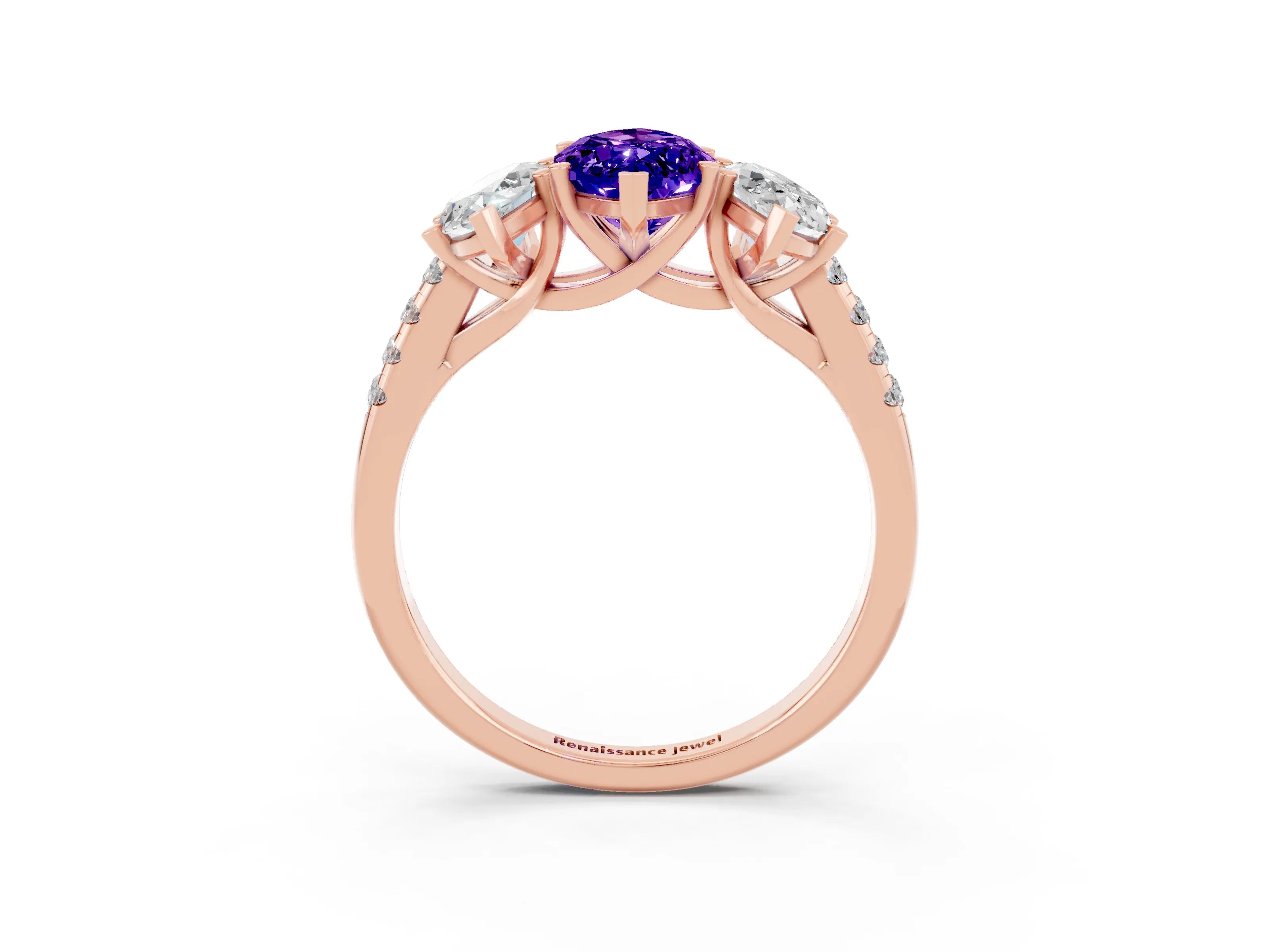 Rose gold Three-Stone Marquise Cut Tanzanite Ring with Pavé Band and Prong Setting_15