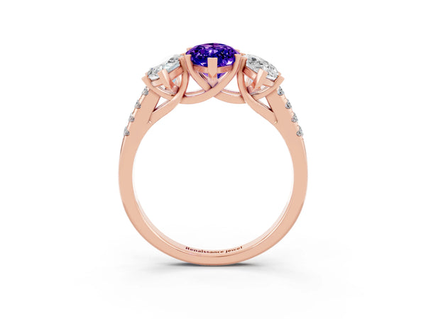 Rose gold Three-Stone Marquise Cut Tanzanite Ring with Round  Pavé Band and Prong Setting