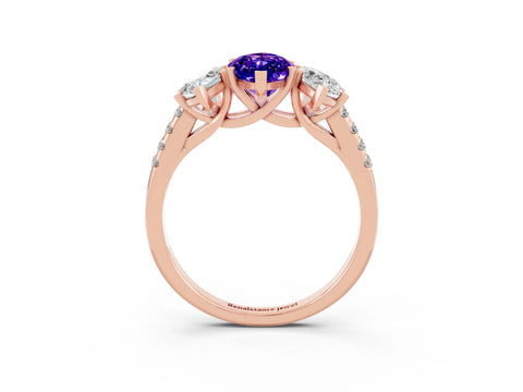 Rose gold Three-Stone Marquise Cut Tanzanite Ring with Pavé Band and Prong Setting_15