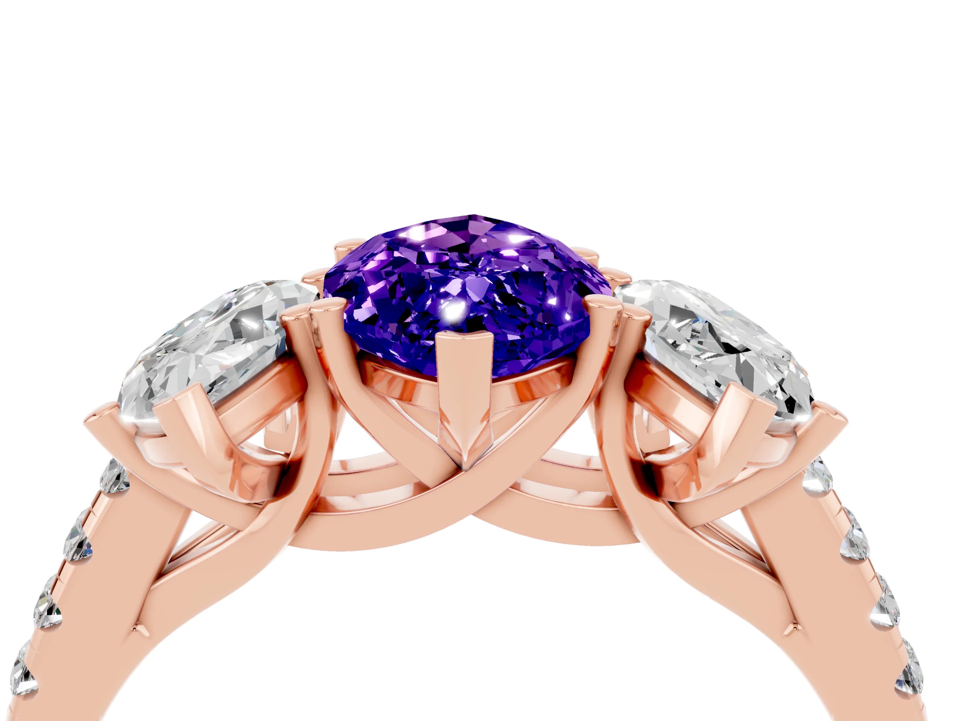 Rose gold Three-Stone Marquise Cut Tanzanite Ring with Pavé Band and Prong Setting_16