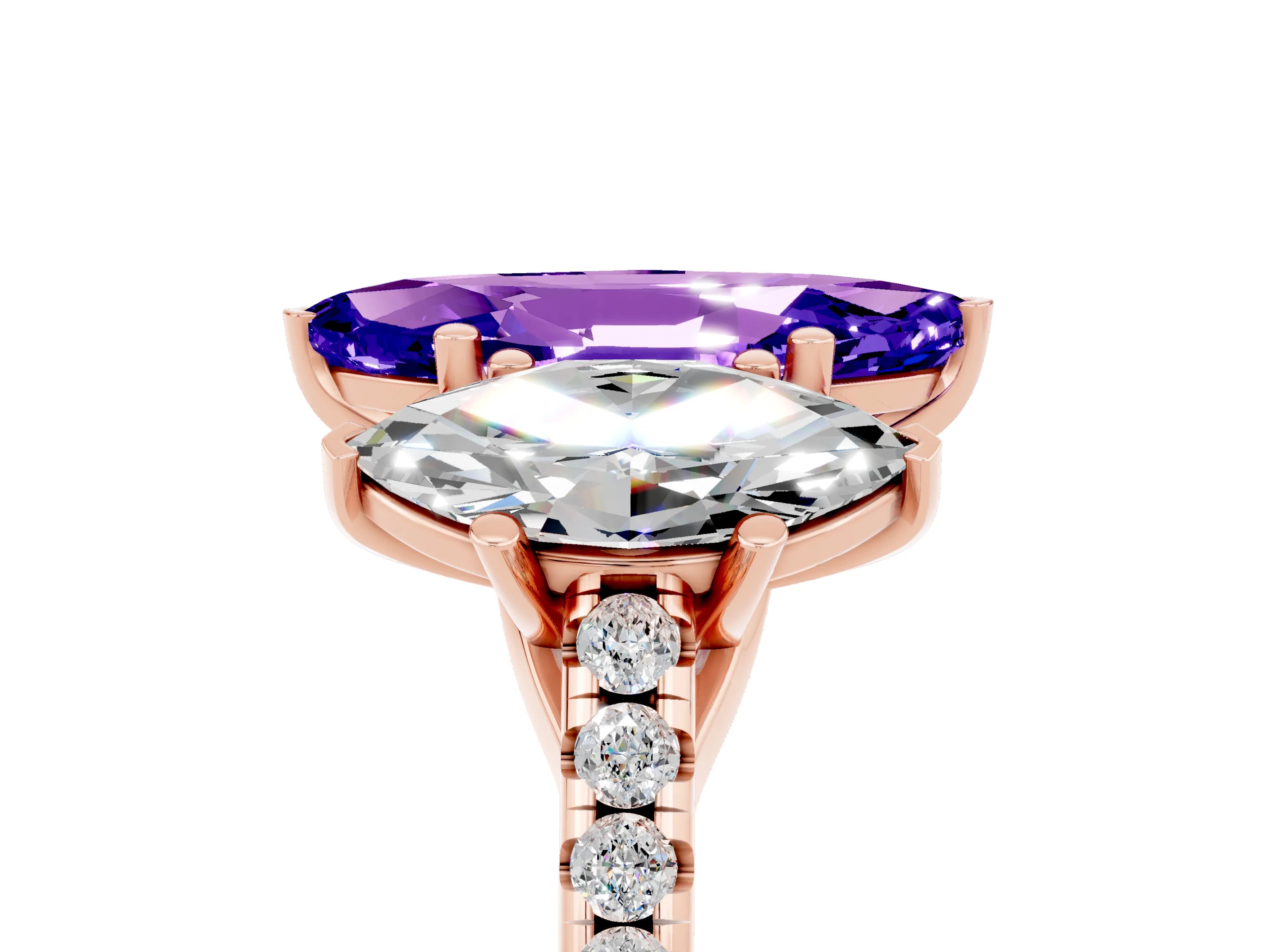 Rose gold Three-Stone Marquise Cut Tanzanite Ring with Pavé Band and Prong Setting_17