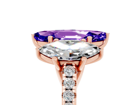 Rose gold Three-Stone Marquise Cut Tanzanite Ring with Pavé Band and Prong Setting_17