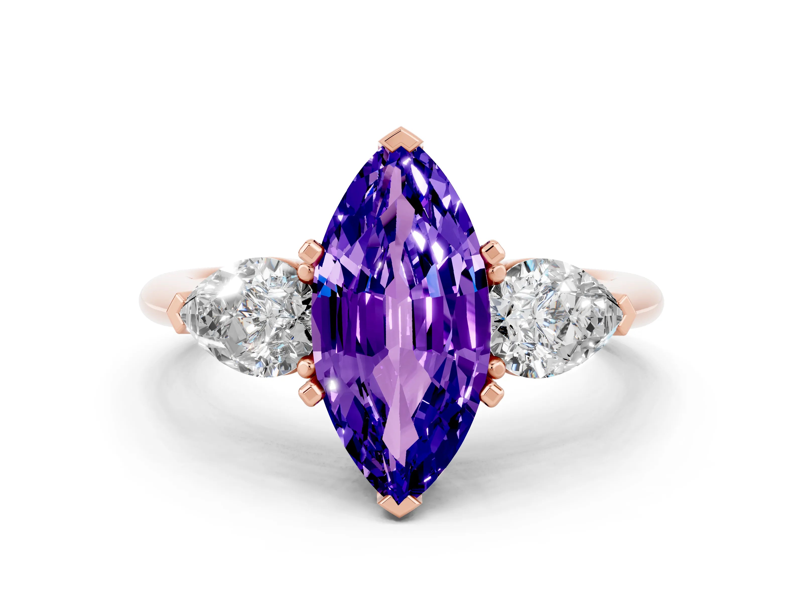 Rose gold Three-Stone Marquise Cut Tanzanite Ring with Pear Side Stones and Four-Prong Setting