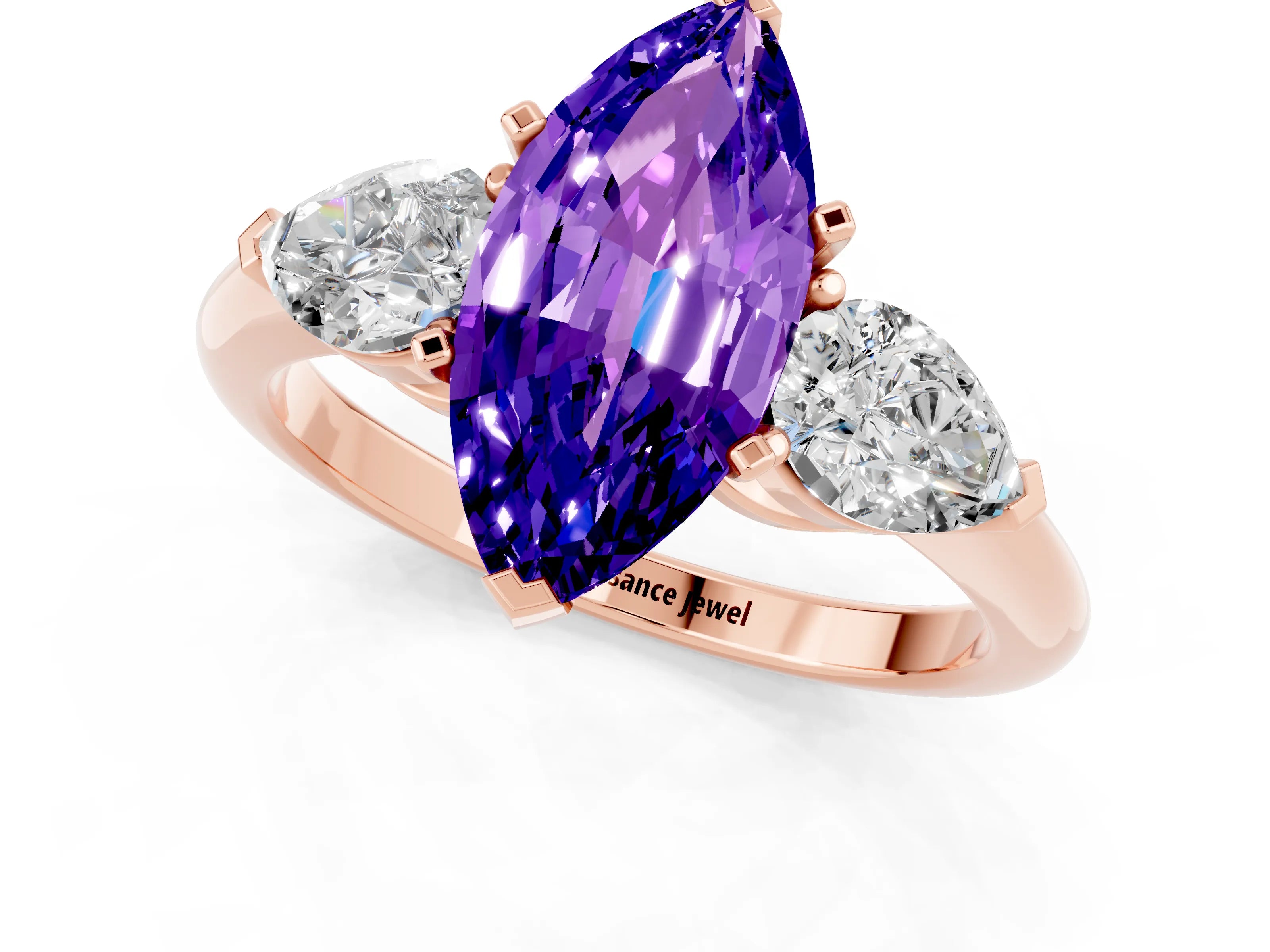 Rose gold Three-Stone Marquise Cut Tanzanite Ring with Pear Side Stones and Four-Prong Setting_1
