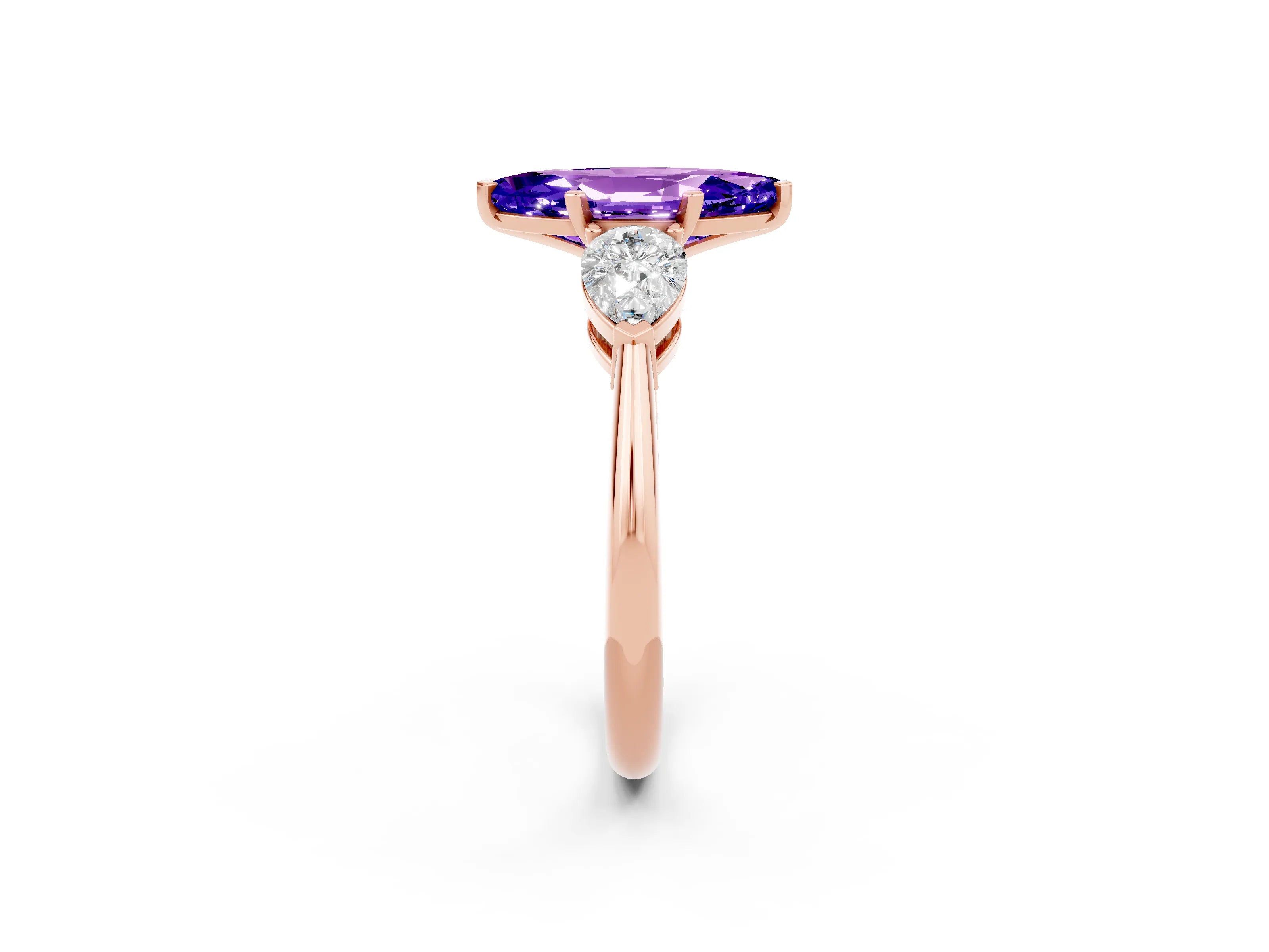 Rose gold Three-Stone Marquise Cut Tanzanite Ring with Pear Side Stones and Four-Prong Setting_2