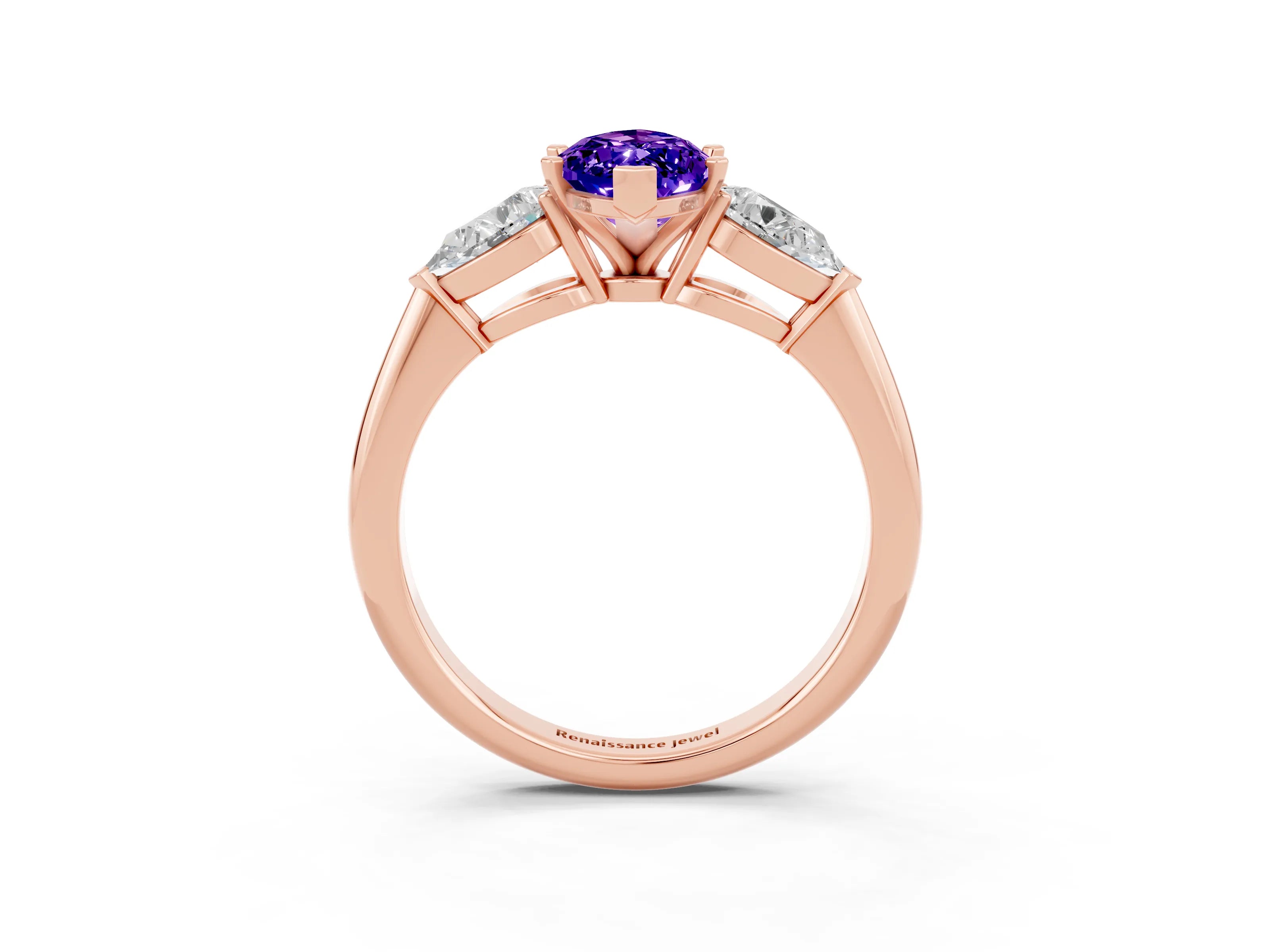 Rose gold Three-Stone Marquise Cut Tanzanite Ring with Pear Side Stones and Four-Prong Setting_3