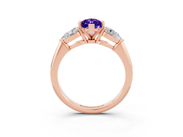 Rose gold Three-Stone Marquise Cut Tanzanite Ring with Pear Side Stones and Four-Prong Setting