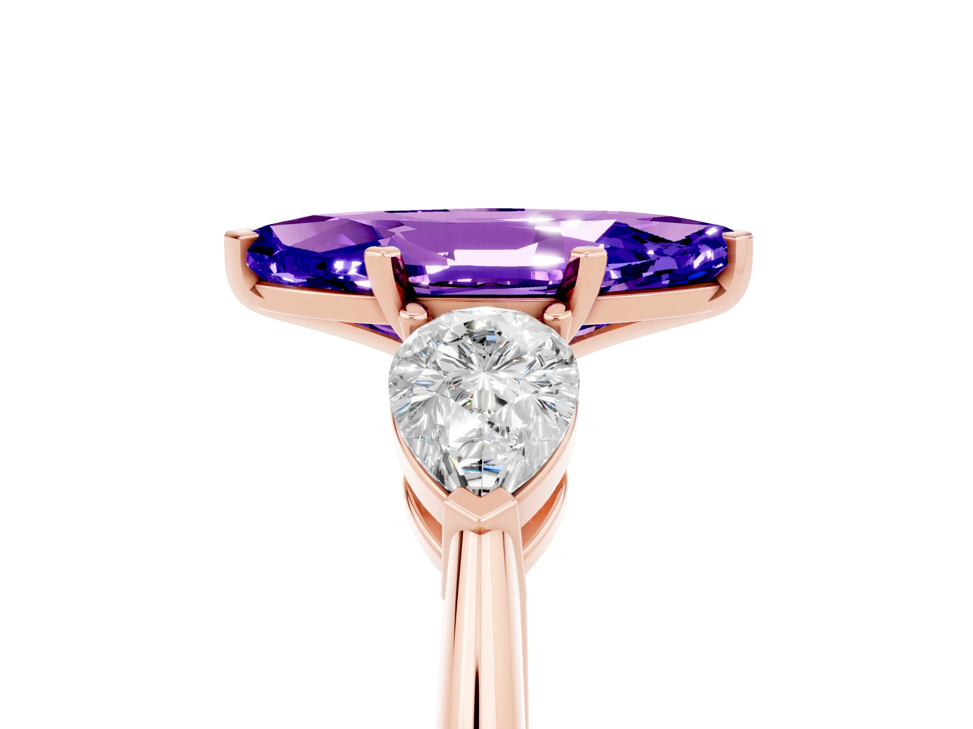 Rose gold Three-Stone Marquise Cut Tanzanite Ring with Pear Side Stones and Four-Prong Setting_5