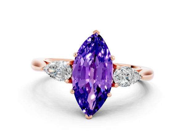 Rose gold Three-Stone Marquise Cut Tanzanite Ring with Pear  Side Stones in Four-Prong Setting