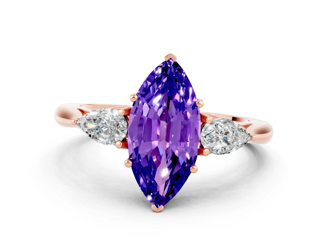 Rose gold Three-Stone Marquise Cut Tanzanite Ring with Pear  Side Stones in Four-Prong Setting_36