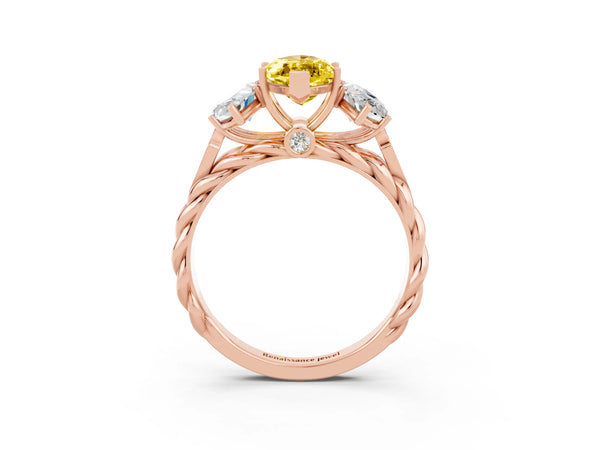 Rose gold Three-Stone Marquise Cut Yellow Sapphire Braided Band Ring with Four-Prong Setting