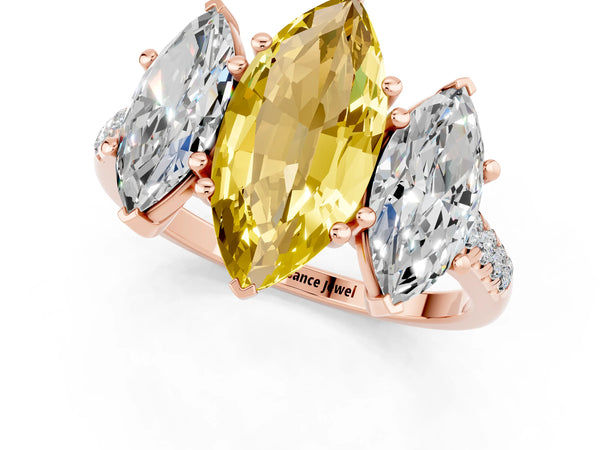 Rose gold Three-Stone Marquise Cut Yellow Sapphire Ring with Round  Pavé Band and Prong Setting