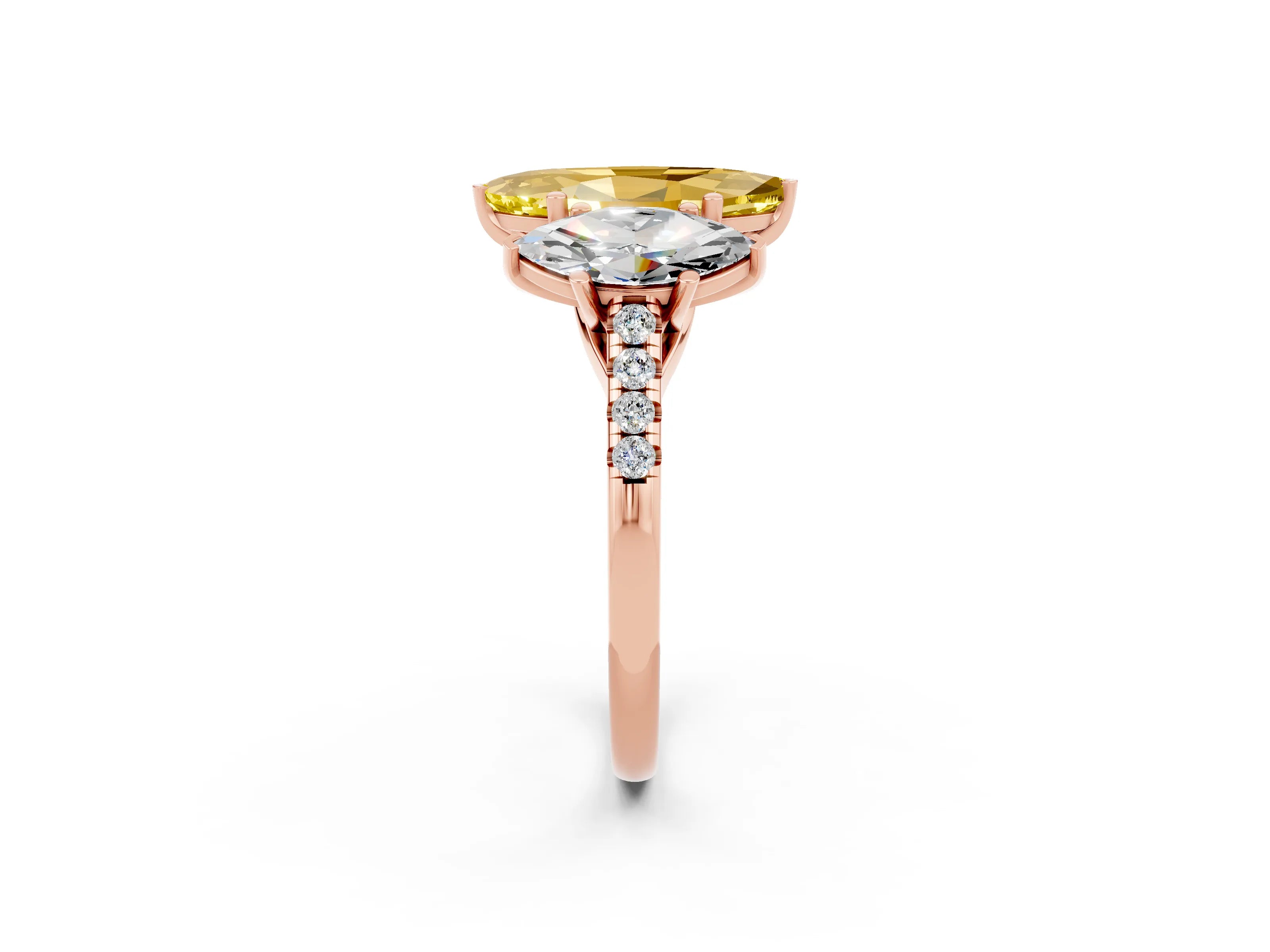Rose gold Three-Stone Marquise Cut Yellow Sapphire Ring with Pavé Band and Prong Setting_38