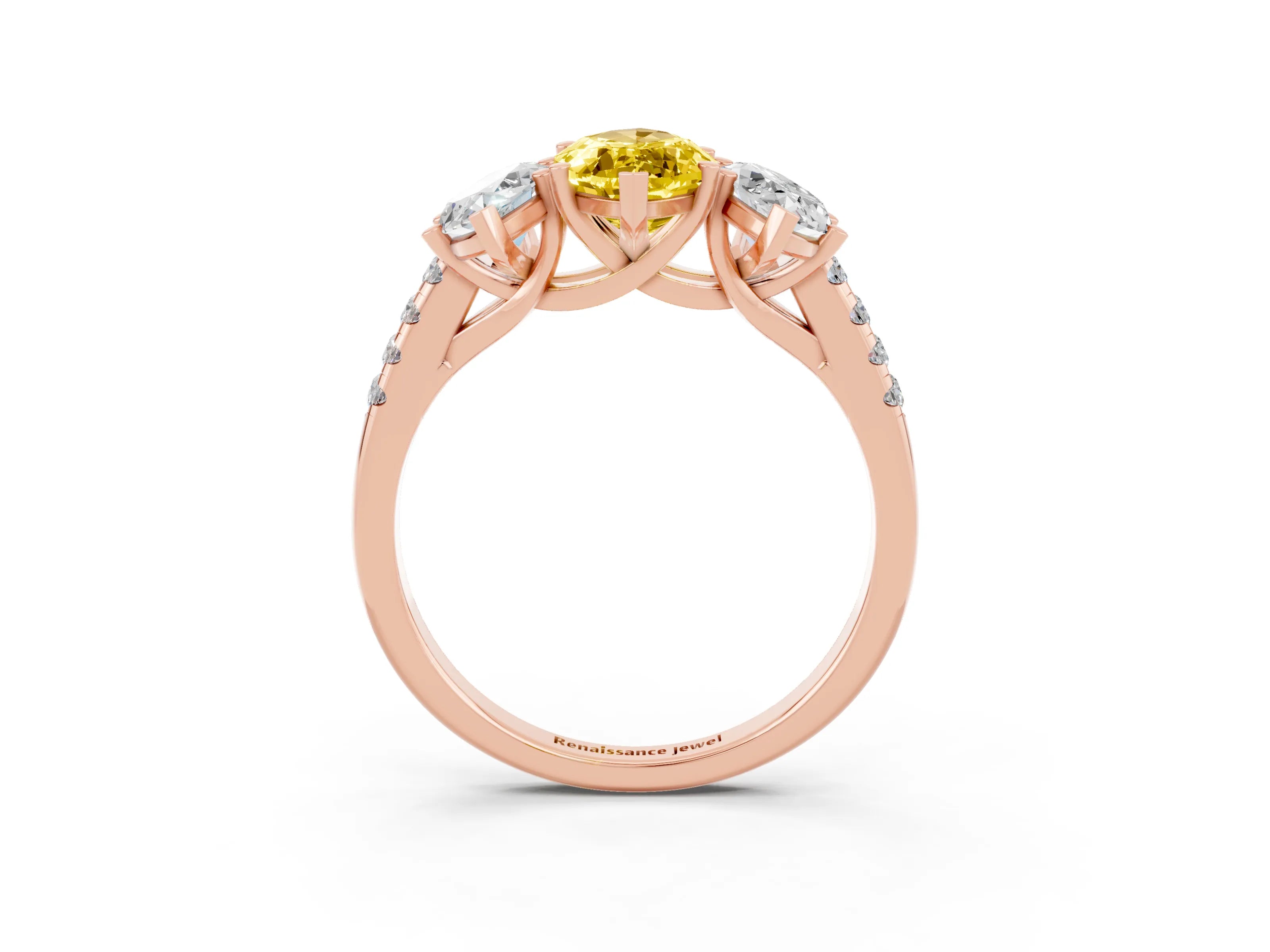 Rose gold Three-Stone Marquise Cut Yellow Sapphire Ring with Pavé Band and Prong Setting_39