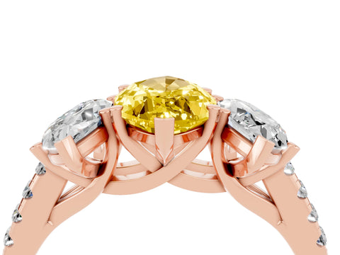 Rose gold Three-Stone Marquise Cut Yellow Sapphire Ring with Pavé Band and Prong Setting_40