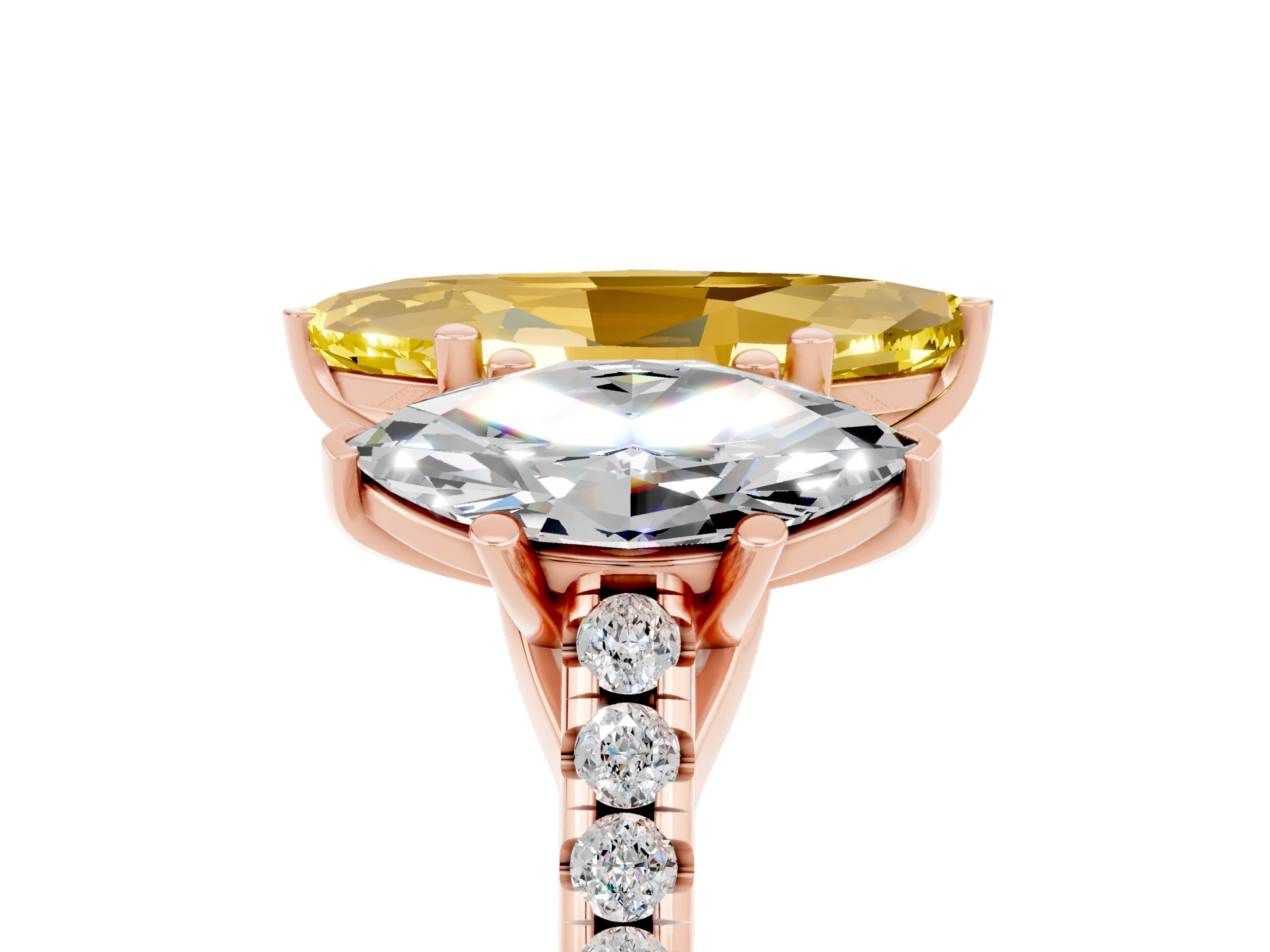 Rose gold Three-Stone Marquise Cut Yellow Sapphire Ring with Pavé Band and Prong Setting_41