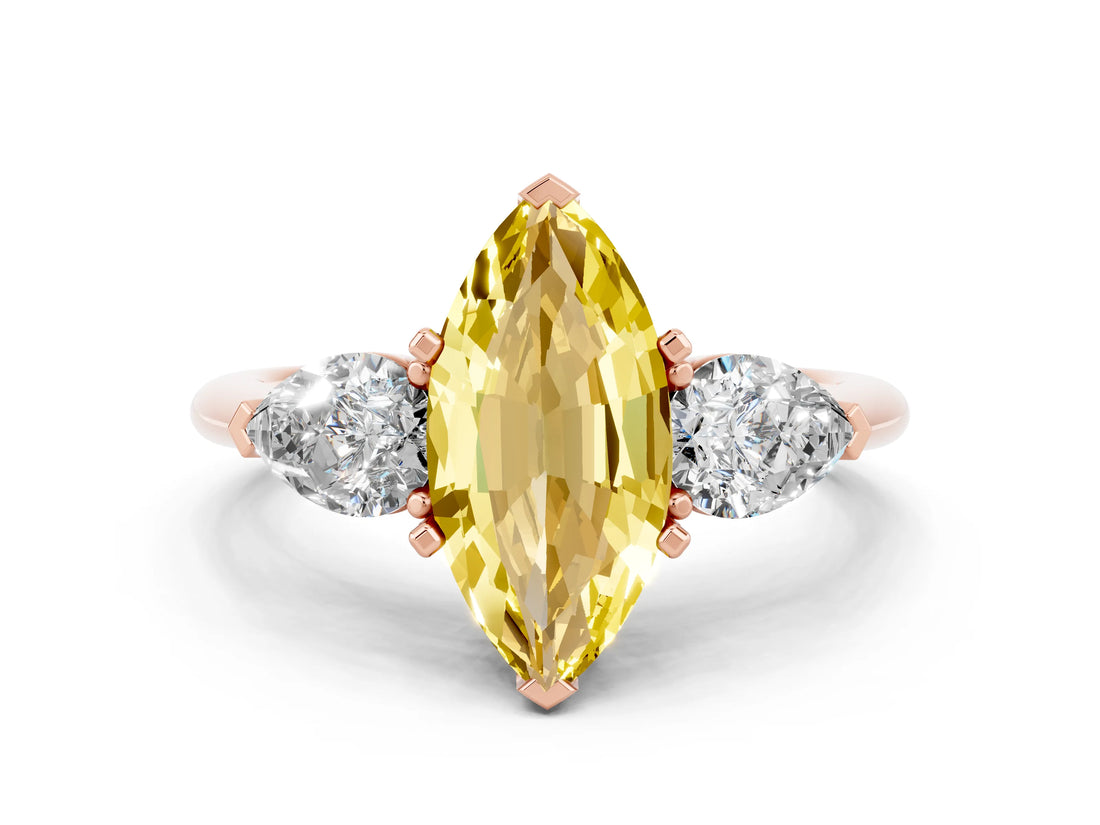 Rose gold Three-Stone Marquise Cut Yellow Sapphire Ring with Pear Side Stones and Four-Prong Setting_24