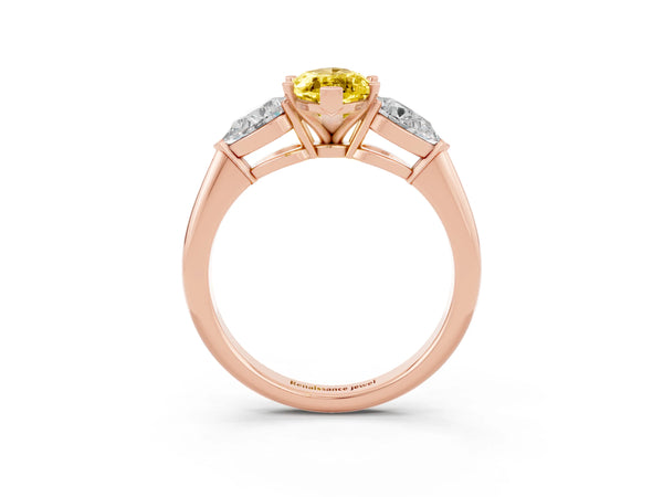 Rose gold Three-Stone Marquise Cut Yellow Sapphire Ring with Pear Side Stones and Four-Prong Setting