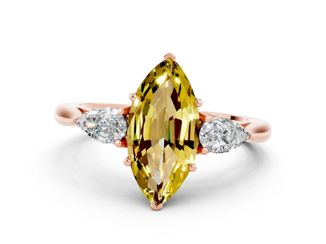 Rose gold Three-Stone Marquise Cut Yellow Sapphire Ring with Pear  Side Stones in Four-Prong Setting_12