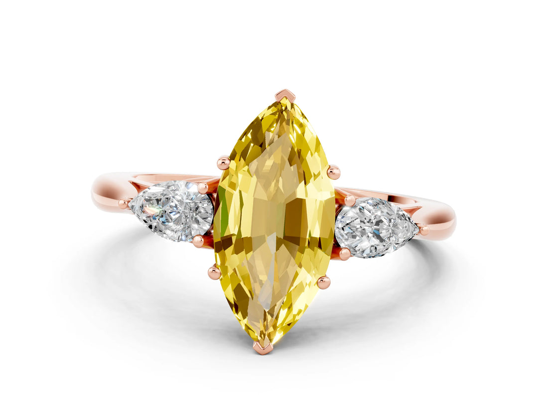Rose gold Three-Stone Marquise Cut Yellow Sapphire Ring with Pear  Side Stones in Four-Prong Setting_36