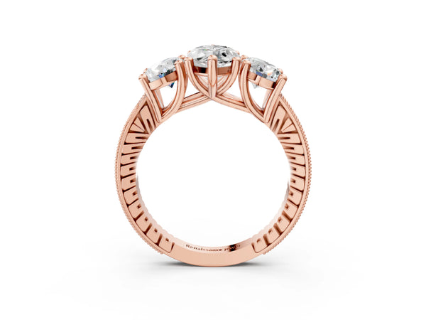 Rose Gold Marquise Three-Stone Vintage Engagement Ring Setting with Graduated Milgrain Pave Band