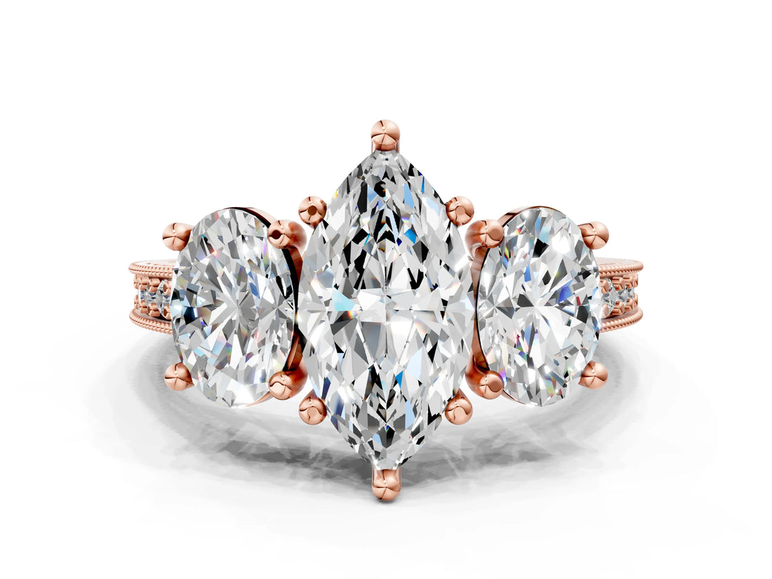 Rose gold Three-Stone Marquise Diamond Milgrain Pave Band with Prong Setting
