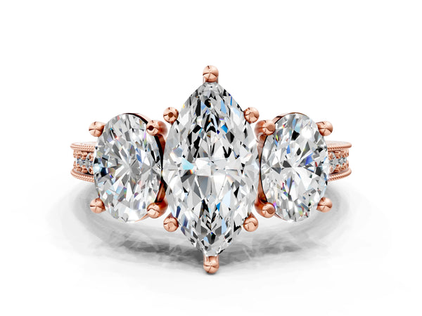 Rose Gold Marquise Three-Stone Vintage Engagement Ring Setting with Graduated Milgrain Pave Band