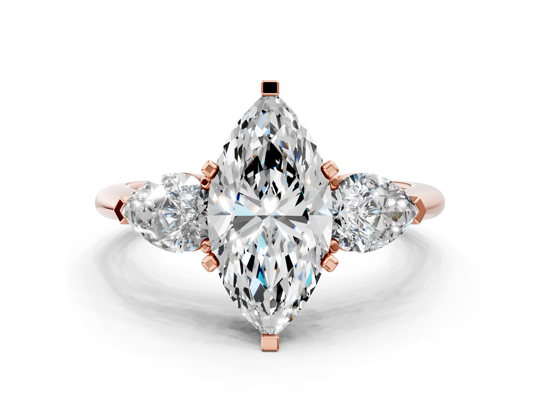 Rose gold Three-Stone Marquise Diamond Ring with Pear Side Stones in Four-Prong Setting_63