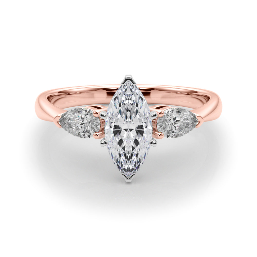 Rose gold Three-Stone Marquise Diamond Ring with Pear Side Stones on a Platinum Band with Four-Prong Setting 1