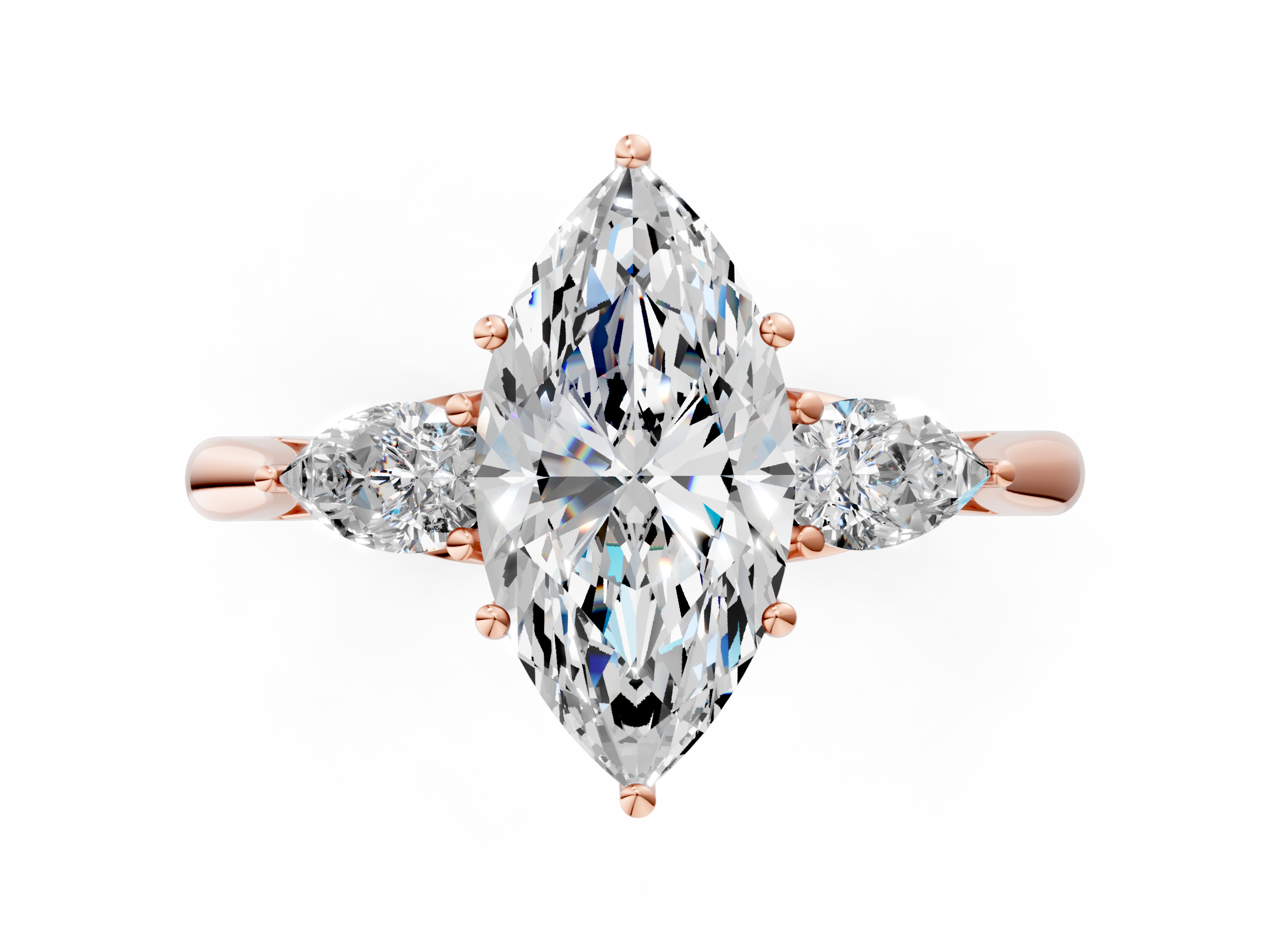 Rose gold Three-Stone Marquise Diamond Solitaire Ring with Pear Side Stones and Four-Prong Setting_43