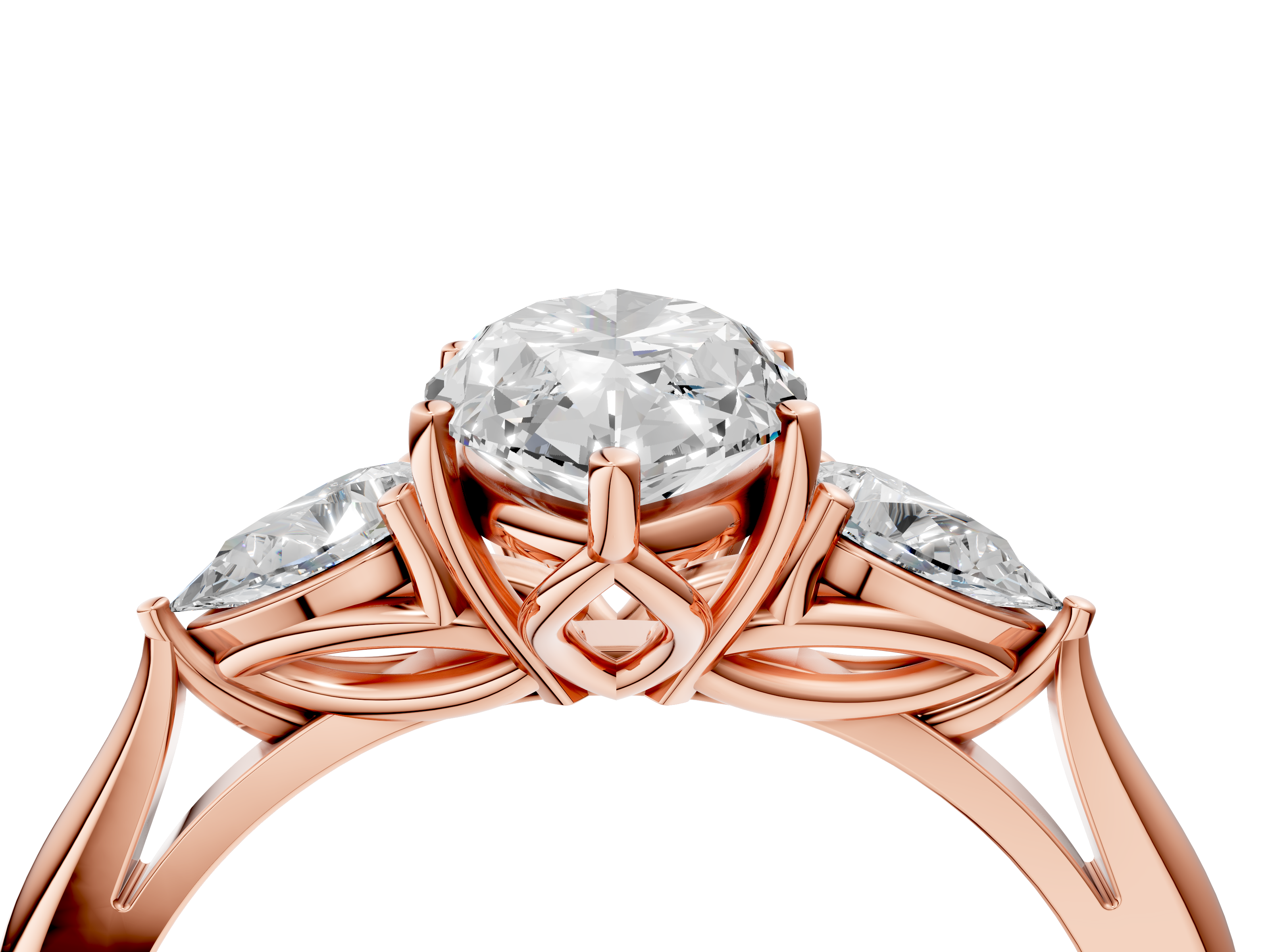 Rose gold Three-Stone Marquise Diamond Solitaire Ring with Pear Side Stones and Four-Prong Setting_47
