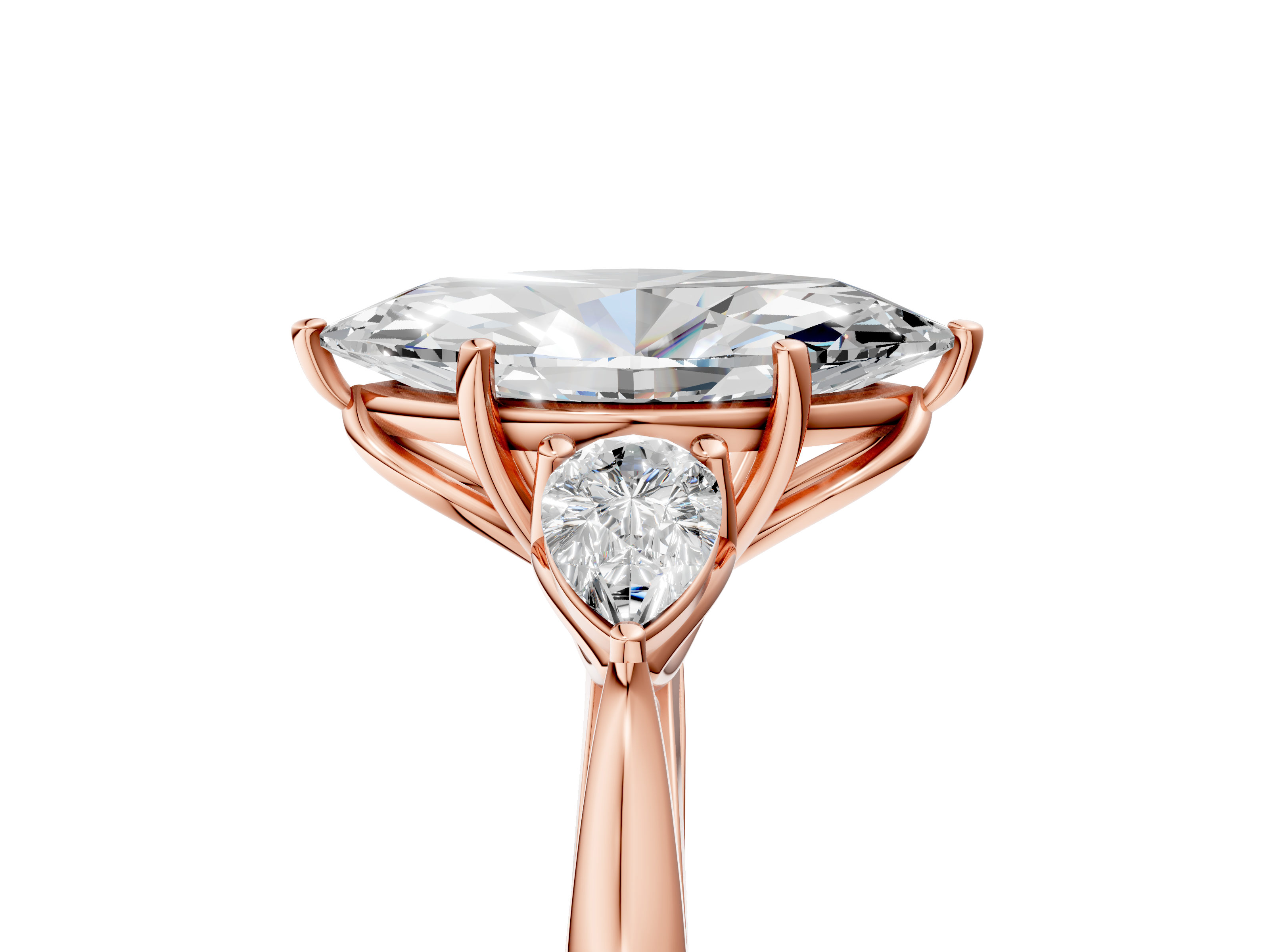 Rose gold Three-Stone Marquise Diamond Solitaire Ring with Pear Side Stones and Four-Prong Setting_68