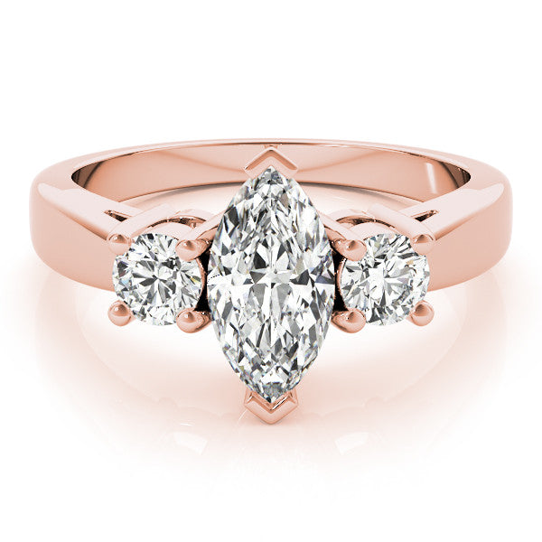 Rose gold Three-Stone Oval Cut Diamond Solitaire with Round Accents and Prong Setting on a Classic Band